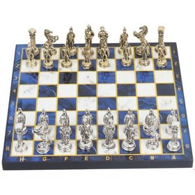 Resim Lüks Metal Satranç Takımı Krom Kaplama Roma Ordusu Figür & Gök Mavi Mermer Desenli Tahta 20 Cm. 