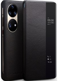 Resim Huawei P50 Pro İçin Qıalıno Üst Katman Dana Derisi Deri Telefon Kılıfı Koruyucu Görünüm Penceresi İle 
