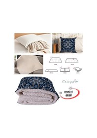 Resim Lacivert Beyaz Etnik Desen Tv Battaniyeli Opsiyonel Dekoratif Yastık Kırlent 2 İn 1 Battaniye Çok Renkli 