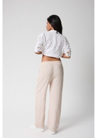 Resim Kadın Beli Lastikli Cepli Keten Pantolon-3 Bej 