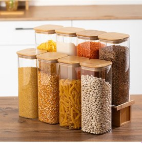 Resim Porsima 4396 8li Kare 2000 Ml Bambu Vakumlu Kapaklı Cam Kavanoz Seti Saklama Kabı 10x25cm Şeffaf 