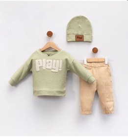 Resim Bereli Likralı Play Nakışlı Kanvars Pantolon 3lü Erkek Bebek Yesil 