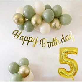 Resim 5 Yaş Küf Yeşili Deniz Kumu Ve Krom Gold Balonlu Konsept Doğum Günü Seti 