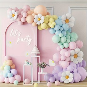 Resim 157 Parça Papatya Balon Süsleme Kiti - Pastel & Boho Şık, Karışık Renkler Düğünler, Doğum Günleri & Daha Fazlası İçin - Beyaz & Pembe Papatya Taç Süslemeleri, Lateks/Alüminyum Folyo Balonlar, Doğum Günü Balonları İçerir 