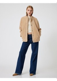 Resim Koton Oversize Peluş Ceket Cep Detaylı Çıtçıt Düğmeli Bomber Yaka Bej 5wal20117ıw Ekru 