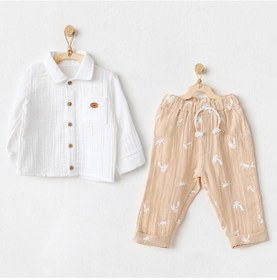 Resim Erkek Bebek Takım 2 'li Set Muslin Smil All Day Ac24507- Bej - Beyaz Beyaz - Bej 