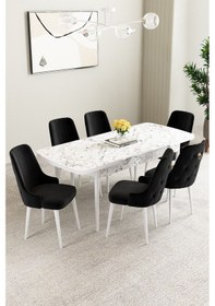 Resim Clara Beyaz Mermer Desen 80x132 Açılabilir Mdf Masa Yemek Odası Takımı,mutfak Takımı 6 Adet Sandalye Siyah 