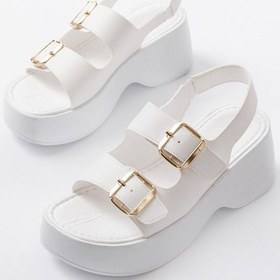 Resim 24414-572 Beyaz Tokalı Günlük Dolgu Topuk Kadın Sandalet Altın - Taba 