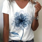 Resim Kadınlar için Rahat V-Yaka T-Shirt, Canlı Mavi ve Beyaz Çiçek Baskısı - Kısa Kollu, Esnek Kumaş, Bahar/Yaz için Mükemmel, Yaz Üstü | Çiçek Baskılı Üst | Parlak Bitiş, Bayanlar T-Shirtleri 