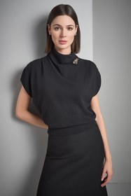 Resim Broş Detaylı Siyah Triko Bluz - Siyah / M 