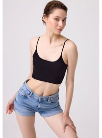 Resim Cottonhill Siyah Pamuklu İnce Askılı Kadın Crop Top Büstiyer Siyah 