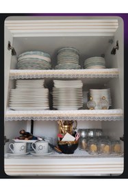 Resim ALPER BAŞHELVACI Krem 40 cm x 10 mt Ücretsiz Dikim ile Gold Su Taşı Detay Lüx Saten Kapitone Raf Örtüsü 