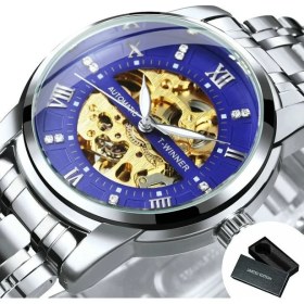 Resim Hanyang Kutu Gümüş Mavi Kazanan Klasik Gümüş Altın Erkekler Için Mekanik Saatler Moda Elmas Kadran Lüks Paslanmaz Çelik Kayış Otomatik Izle (Yurt Dışından) 