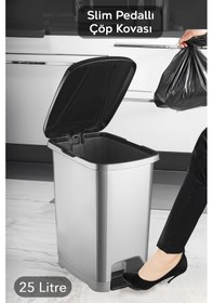 Resim Pedallı Gri Banyo Mutfak Çöp Kovası Siyah Kapaklı Slim Pedallı Çöp Kovası 25litre Gri 