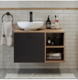 Resim Lavabolu Mdf 75 Cm Çekmeceli Banyo Dolabı Atlantik Çam - Antrasit 