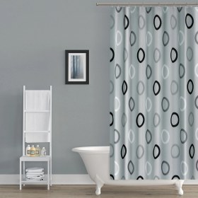 Resim Tropik Home Gri Banyo Perdesi Tek Kanat Polyester Kumaş Duş Perdesi Geometrik Desen Banyo Perde 