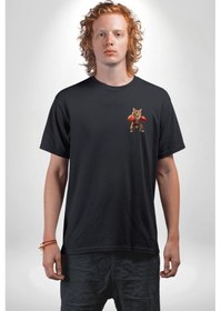 Resim Boks Yapan Kedi Siyah Oversize Unisex Ön Sol Yan Minimal Baskılı Tişört Koyu Siyah 