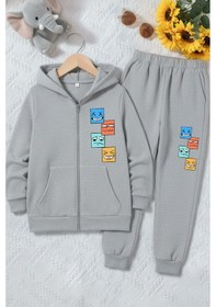 Resim Fyk Kids 3 İplik Kalın Kışlık Baskı Detaylı Fermuarlı Kapüşonlu 6 Parça Erkek Çocuk Eşofman Takımı Siyah-gri-lacivert 