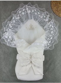 Resim Yenidoğan Kumru Soft Cotton Taç Nakışlı Trilüks Kundak Bebek Battaniyesi Ekru Çok Renkli 
