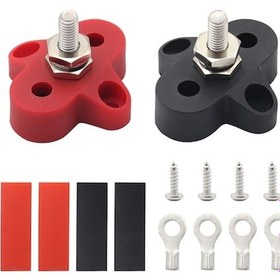 Resim M6 Nikelli Çelik Terminal Bloku, 48v Dc 80a, Kırmızı-siyah 2 Adet, 4 Terminal + 4 Isı Daraltma Tüpü 