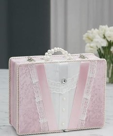 Resim Dantel Süslemeli İnci Kulplu Çeyizlik Gelin Bohça Sandık - Pembe 