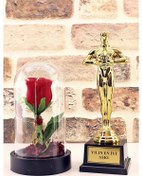 Resim Yılın En İyi Aşkı Oscar Ödülü Ve Led Işıklı Fanus Gül Seti 