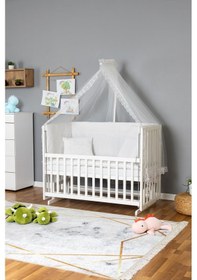 Resim Ahşap Beşik Anne Yanı Beşik Beyaz 60x120 - Beyaz Güpür Uyku Seti + Yataklı Beyaz 