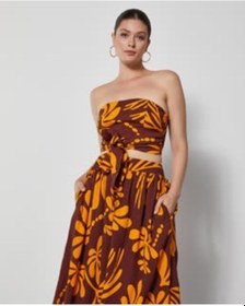 Resim Kadın Straplez Desenli Takım Bağlamalı Büstiyer Ve Bol Kesim Pantolon Etek Kahve 