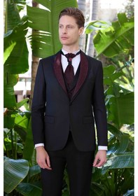 Resim Morven Erkek Siyah Santos Çıkma Yaka Slim Fit Damatlık Siyah 