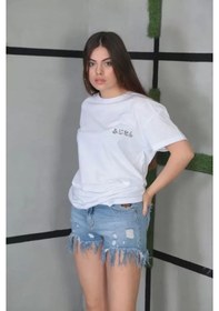 Resim Unisex Bisiklet Yaka Baskılı Oversize T-shirt- Beyaz Beyaz 