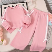 Resim Kızlar İçin Sonbahar ve Kışlık Yuvarlak Yaka Fiyonklu Uzun Kollu Polar Üst ve Geniş Paça Pantolon Takımı, Şık Kore Modası İki Parçalı Set, Dış Mekan Kullanımına Uygun 