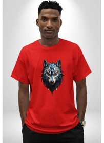 Resim Mavi Kurt Robot Pamuklu Bisiklet Yaka Unisex Oversize Boyfriend Dijital Baskılı Kırmızı T-shirt Kırmızı 