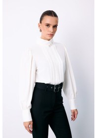 Resim Sateen Nervür Detaylı Bluz - Ekru-135423 Ekru 
