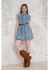 Resim Livanomi Gömlek Yaka Kemerli Denim Kısa Elbise Mavi 