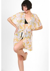 Resim Pareo Plaj Elbisesi Kimono Std Yazlık Oversize Tül Gömlek Kemerli Elbise Çiçekler Sarı 