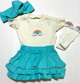 Resim Özge Başaran Kız Bebek Mint Fırfırlı Şortlu Etek, Kolsuz Bluz, Gökkuşağı Figürlü Çorap Fiyonklu Mint 