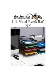 Resim 4 Lü Metal Evrak Rafı Siyah 1 Paket Masaüstü A4 Dosya Düzenleyici Kağıt Tepsisi Metal Çelik Fileli Dört Katlı Hareketli Siyah 
