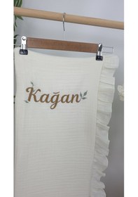 Resim Gros Shop Müslin Yeni Doğan 4katlı Organik %100pamuk Kişiye Özgü Nakışlı Hastane Çıkış Seti Yaprak Desen-2 Ekru-1 