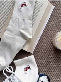 Resim Kırmızı Şarap Kadehi Nakışlı Casual Yazlık Kışlık Tekli Çorap Beyaz 