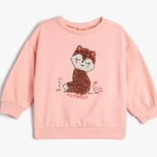 Resim Kız Bebek Sweatshirt Kedi İşlemeli Uzun Kollu Bisiklet Yaka Pamuklu Şardonlu 