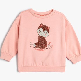 Resim Kız Bebek Sweatshirt Kedi İşlemeli Uzun Kollu Bisiklet Yaka Pamuklu Şardonlu 