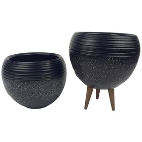 Resim Bitki Tasarımı Ev Dekorasyon Siyah Granit Küp Saksı Saksılık Salon Çiçeklik İkili Set (3 Ayaklı-Ayaksız) 