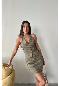 Resim Moderie Butik Haki Çizgili Yelek Ve Etek Takım Haki 