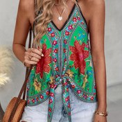 Resim Kadınların Canlı Çiçek Desenli Kolsuz Atlet Üstü - Derin V-Yaka, A-Kollu Etek, Hafif Polyester, Bahar/Yaz Tatil Giyim 