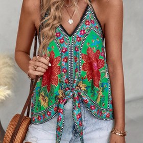 Resim Kadınların Canlı Çiçek Desenli Kolsuz Atlet Üstü - Derin V-Yaka, A-Kollu Etek, Hafif Polyester, Bahar/Yaz Tatil Giyim 