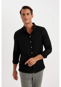 Resim DeFacto Slim Fit Dar Kesim Düğmeli Dokulu Düz Pamuk Karışımlı Uzun Kollu Siyah Gömlek T2066AZ24AUBK81 
