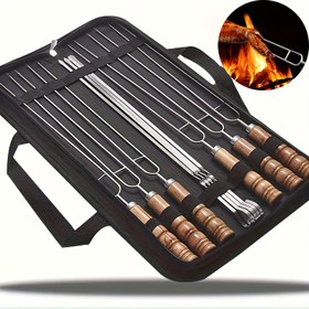 Resim 10 Adet Paslanmaz Çelik Mangal Çubukları + Kayın Ağacı Saplı Kebap Seti | Kalınlaştırılmış ve Bükülmeye Karşı Dayanıklı / Açık Hava Piknik / Bahçe Barbekü / Mezuniyet Kamp Partisi | Amerikan Barbekü Seti, Barbekü Araçları, Barbekü Ekipmanları 
