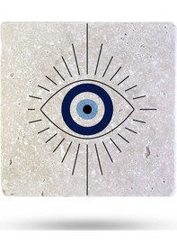 Resim Doğaltaş Bardak Altlığı Nazar Boncuğu Baskılı 10x10cm %100 Traverten Doğal Taş Çok Renkli 