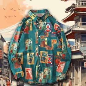 Resim Vintage Stil Japon Cardpostal Uzun Kollu Gömlek - Yeşil / L 
