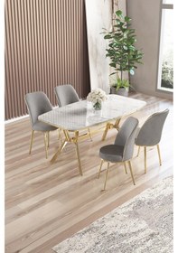 Resim Canisa Lena Serisi 90x160 Lak Panel Beyaz Mermer Desen Gold Kaplama Ayaklı Masa Takımı Ve 4 Gri Sandalye Beyaz Mermer Desen Masa,gri Sandalye 